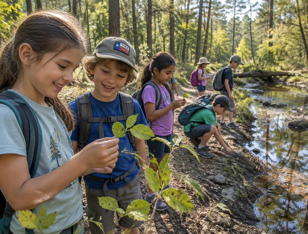 Kids exploring a forest trail by a creek