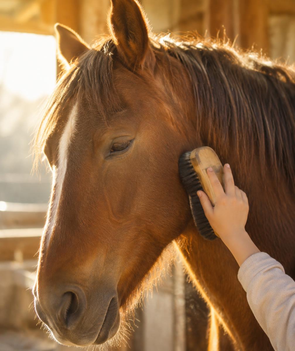 A child brushing a calm horse